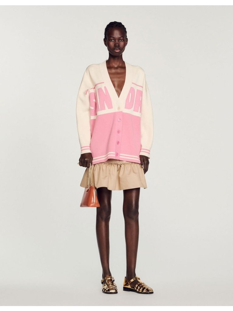 Sandro Logo-Patch Pink V-Neck Oversized Cardigan Top Size 0/ Xs-S